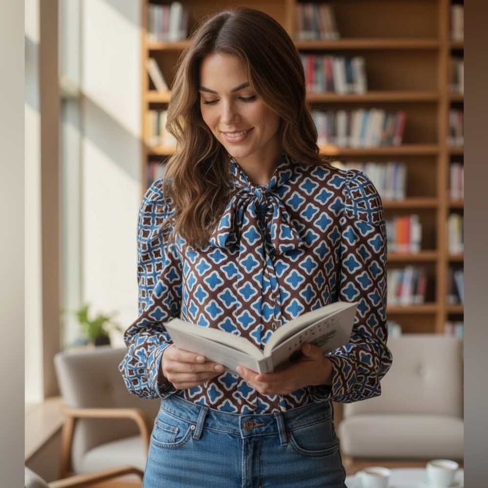 Zara Blue and Brown Geometric Blouse